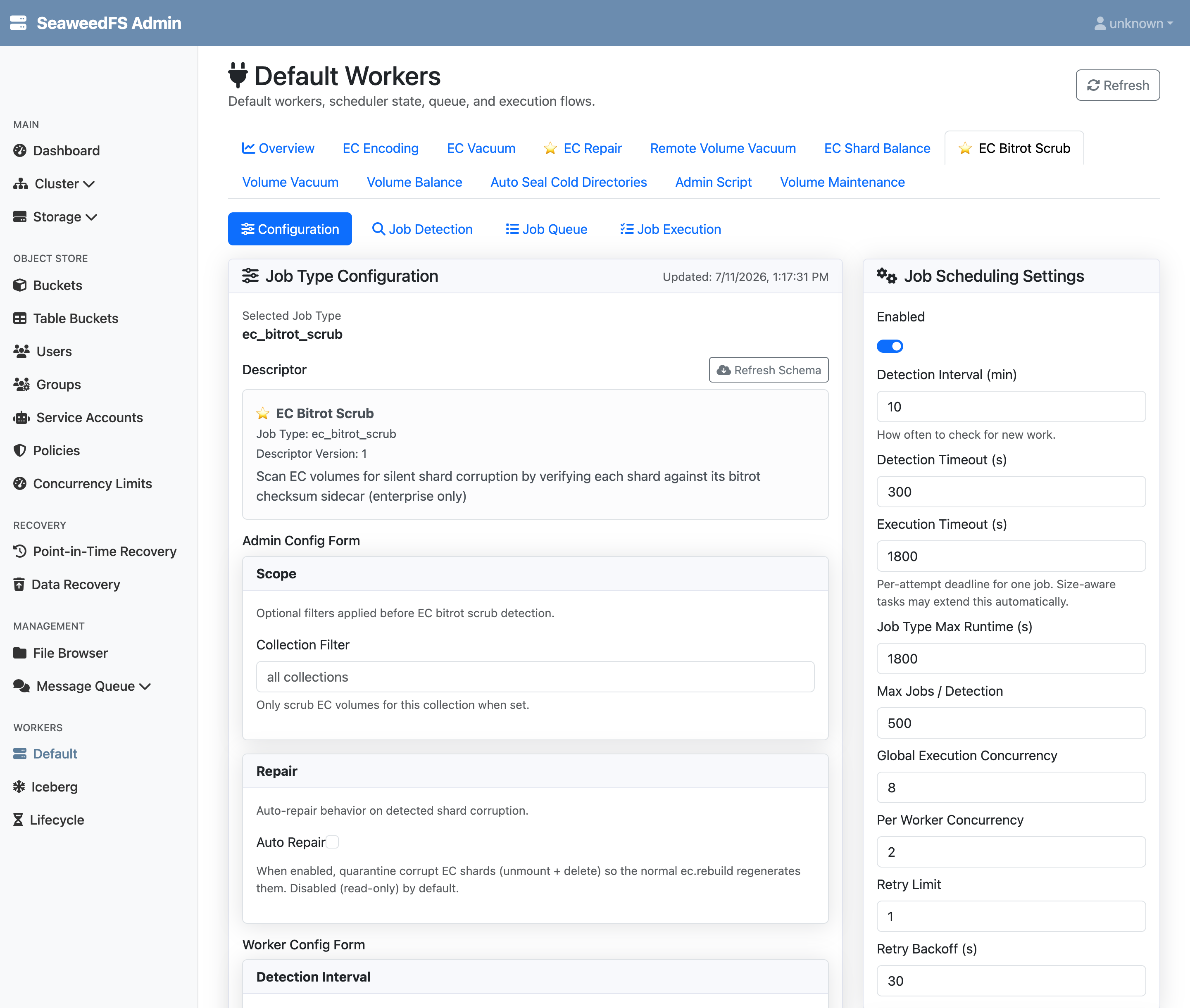 The Admin UI EC Bitrot Scrub configuration: an Enabled toggle with detection interval, a Collection Filter scope, and the Auto Repair checkbox that is off by default.