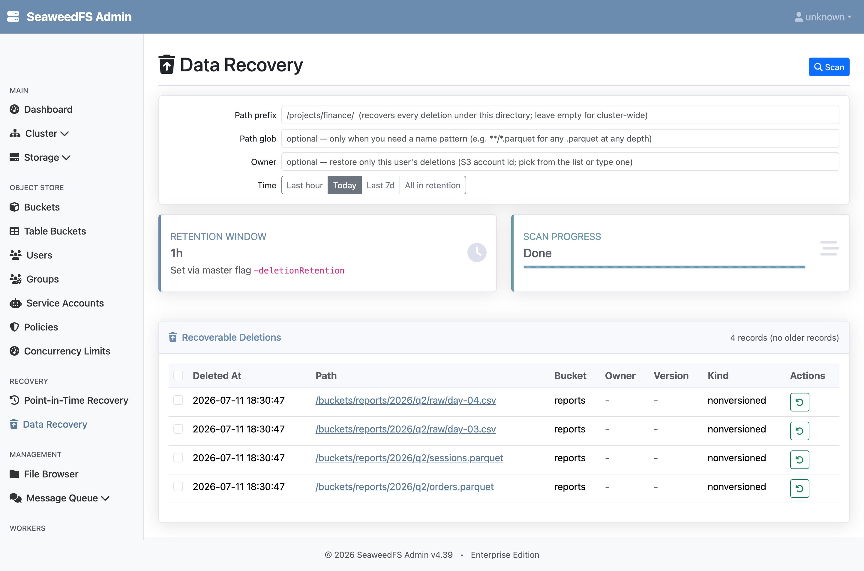 The Admin UI Data Recovery page: retention window active, scan complete, and recoverable deletions listed with per-row restore buttons.