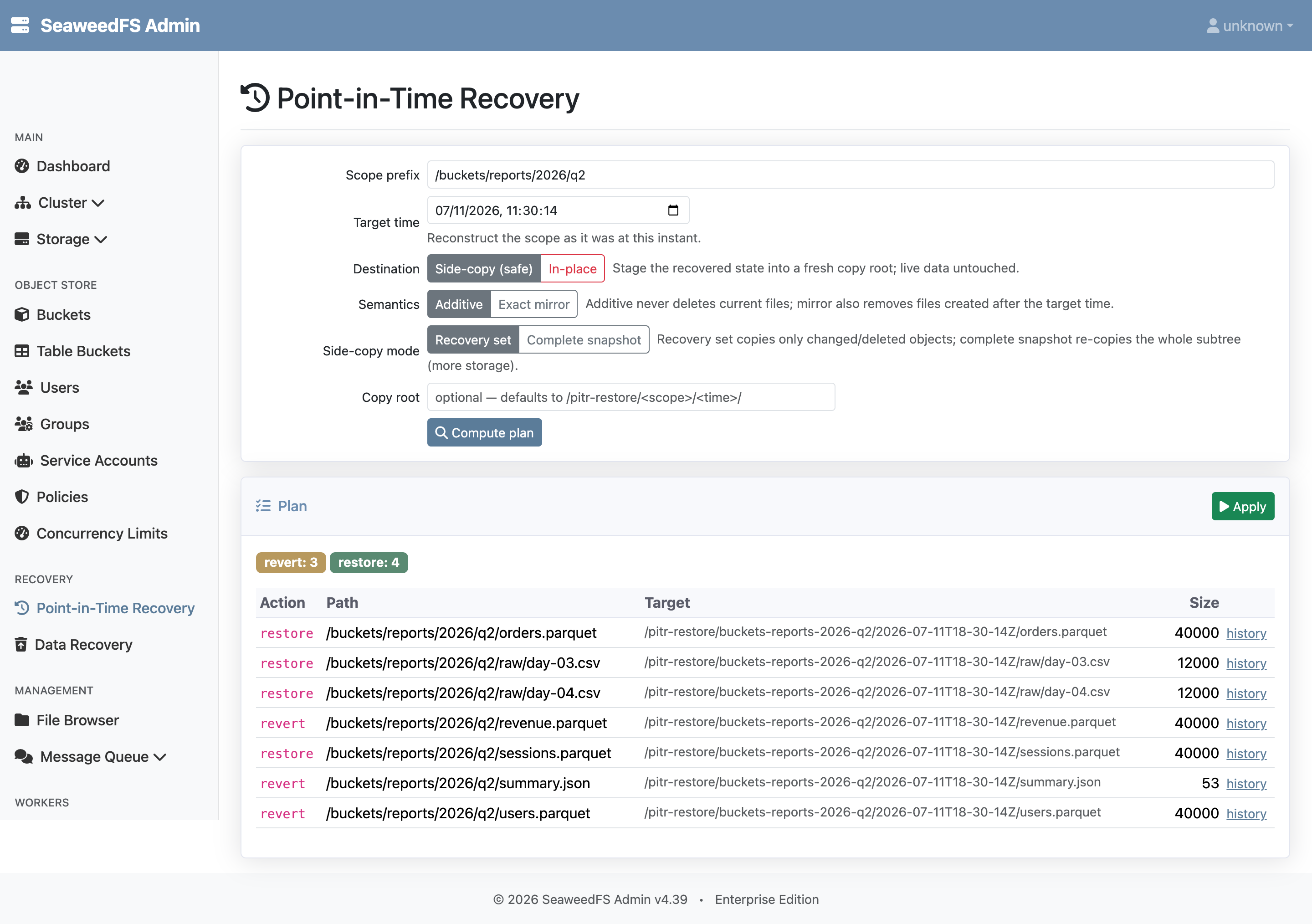 The Admin UI Point-in-Time Recovery page with a computed plan: three reverts and four restores listed per path, side-copy and additive semantics selected.