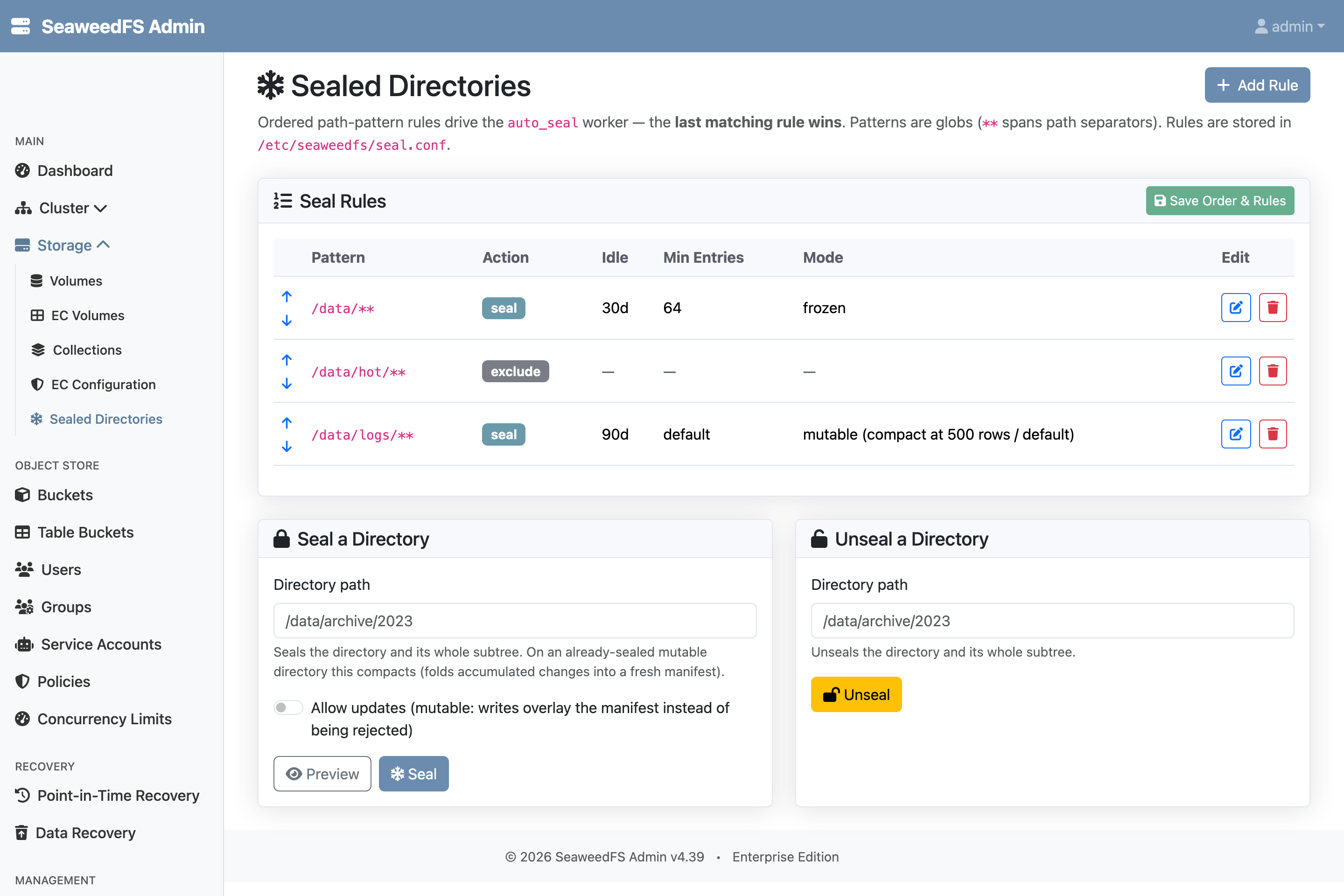 The Admin UI Sealed Directories page: ordered seal rules with patterns, idle windows, entry minimums and modes, plus on-demand seal and unseal panels.