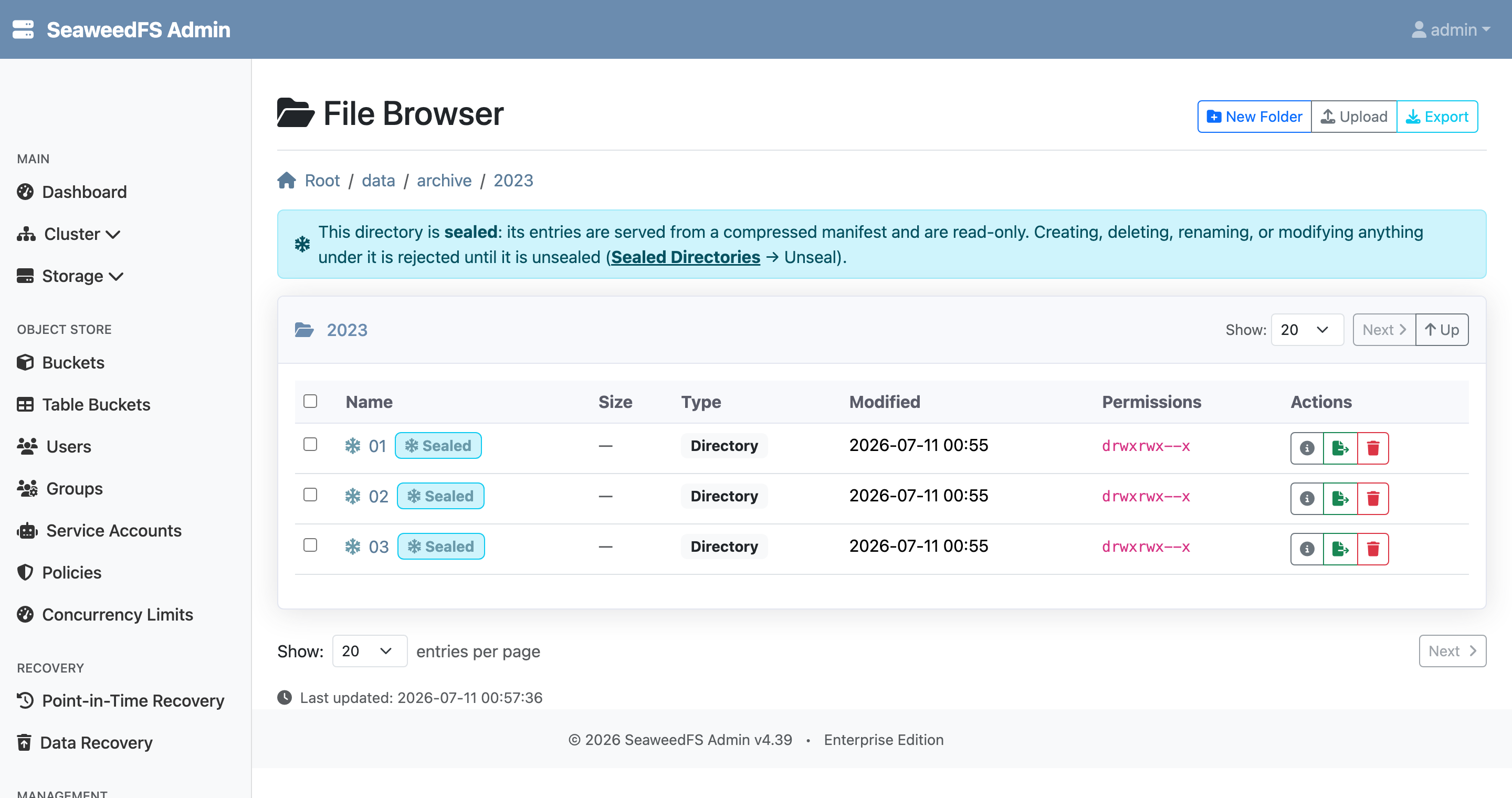 The Admin UI file browser inside a sealed directory, showing a banner explaining the read-only state and Sealed badges on each subdirectory.