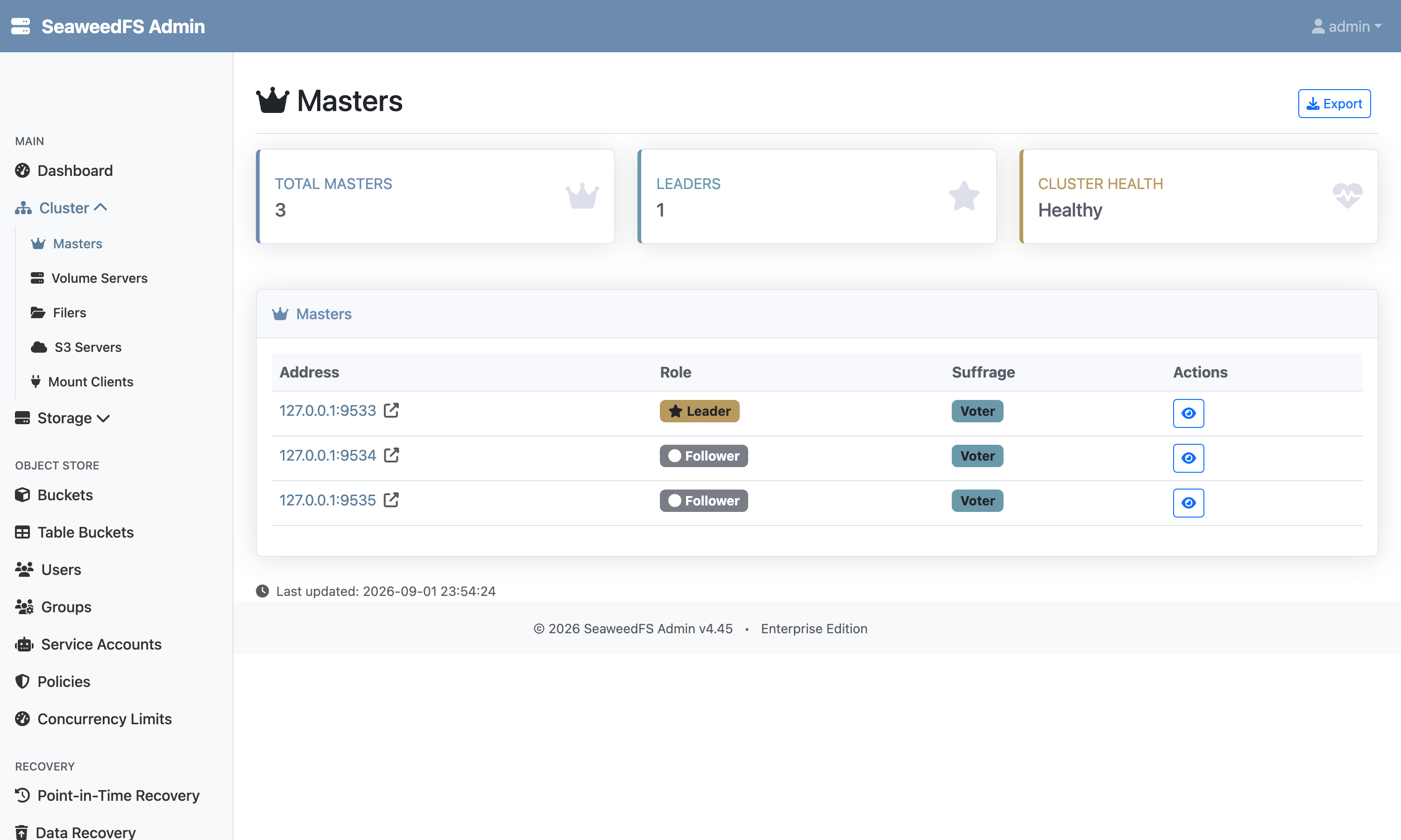 The Admin UI Masters page listing three masters, one marked Leader, all healthy.